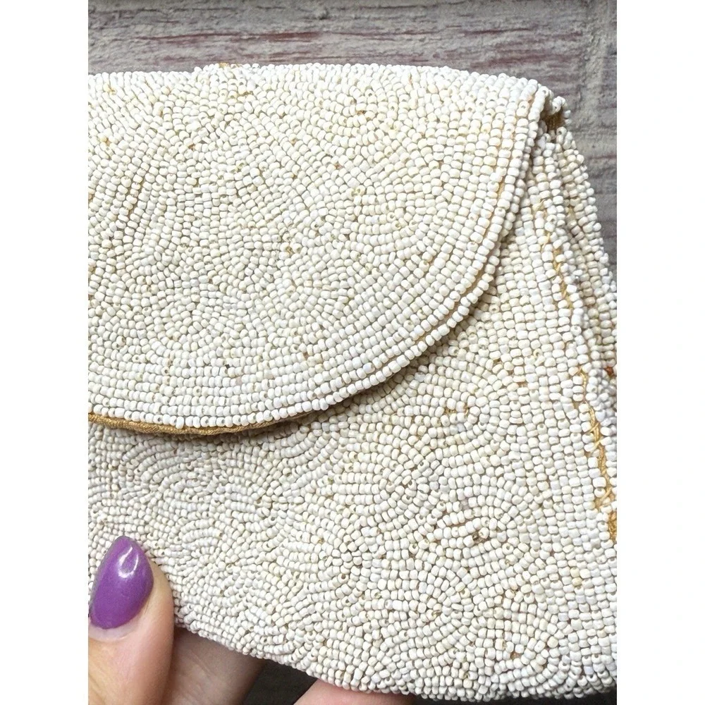 Vintage Antique White & Gold Micro-Beaded Change Purse Clutch‎ France/Italian?